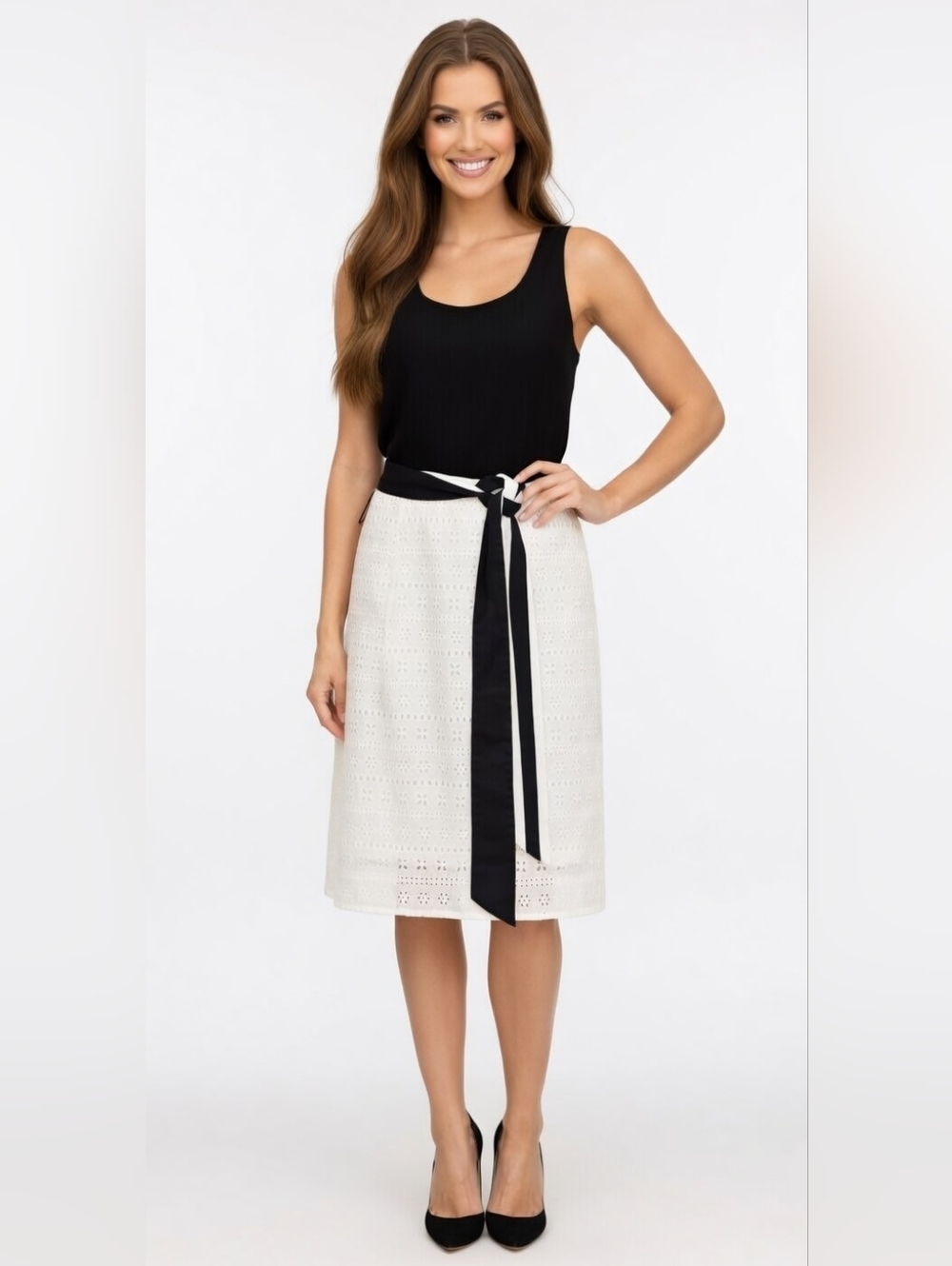 DKNY White Eyelet Midi Skirt with Black Contrast Tie Belt (SIZE:Medium)